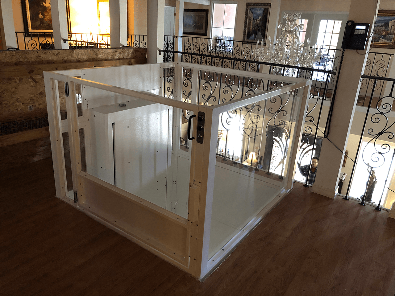 enclosed lift painted architectural white upper landing
