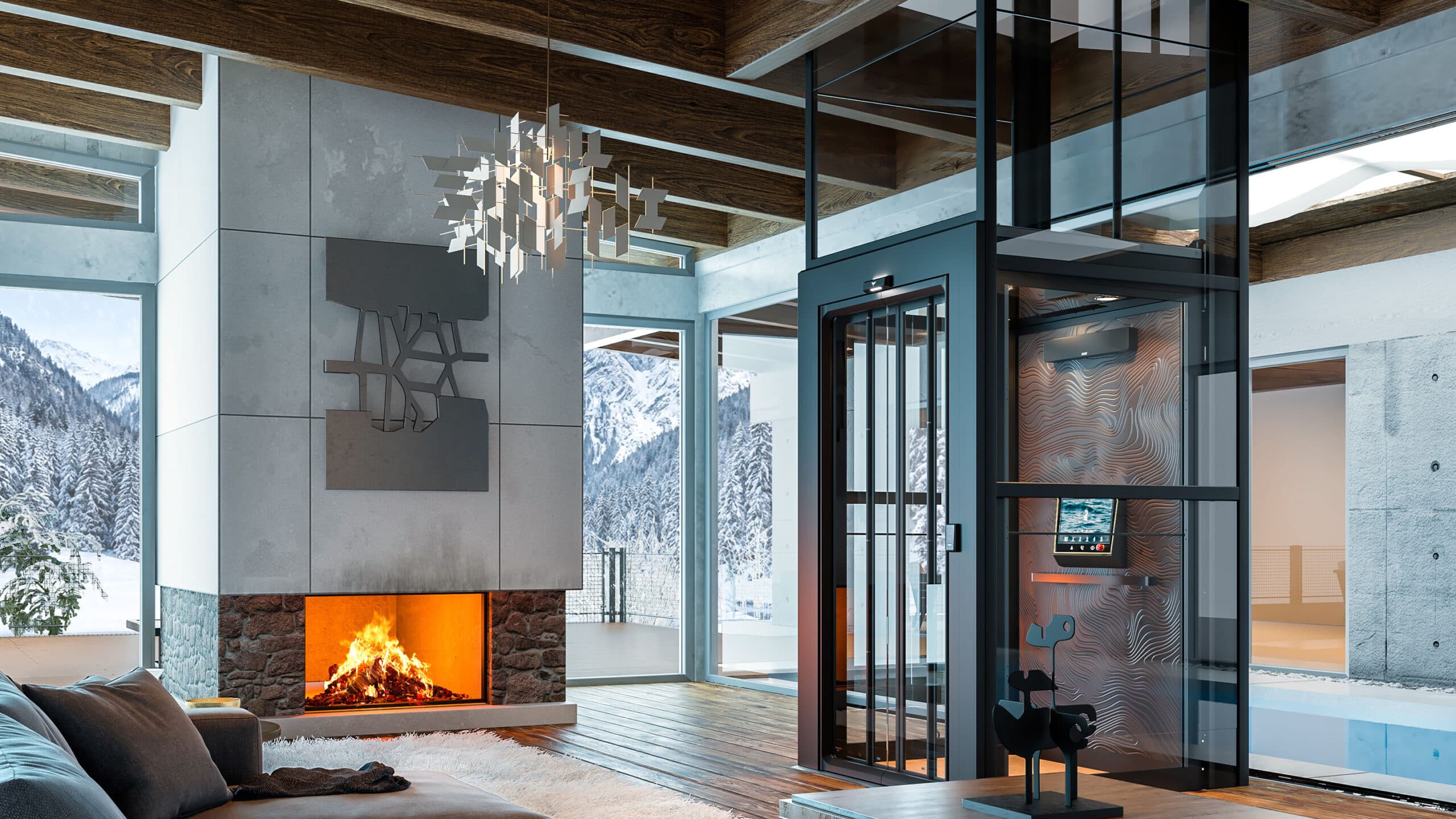 Luxury Antera home elevator with modular glass shaft installed in modern residence