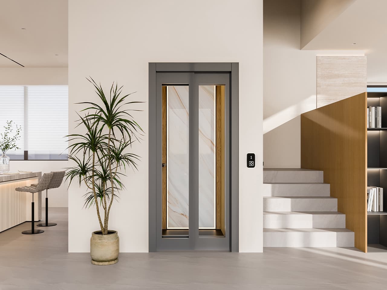 Two-speed elevator doors for residential elevators with automatic sliding stainless steel landing doors by Cibes Symmetry