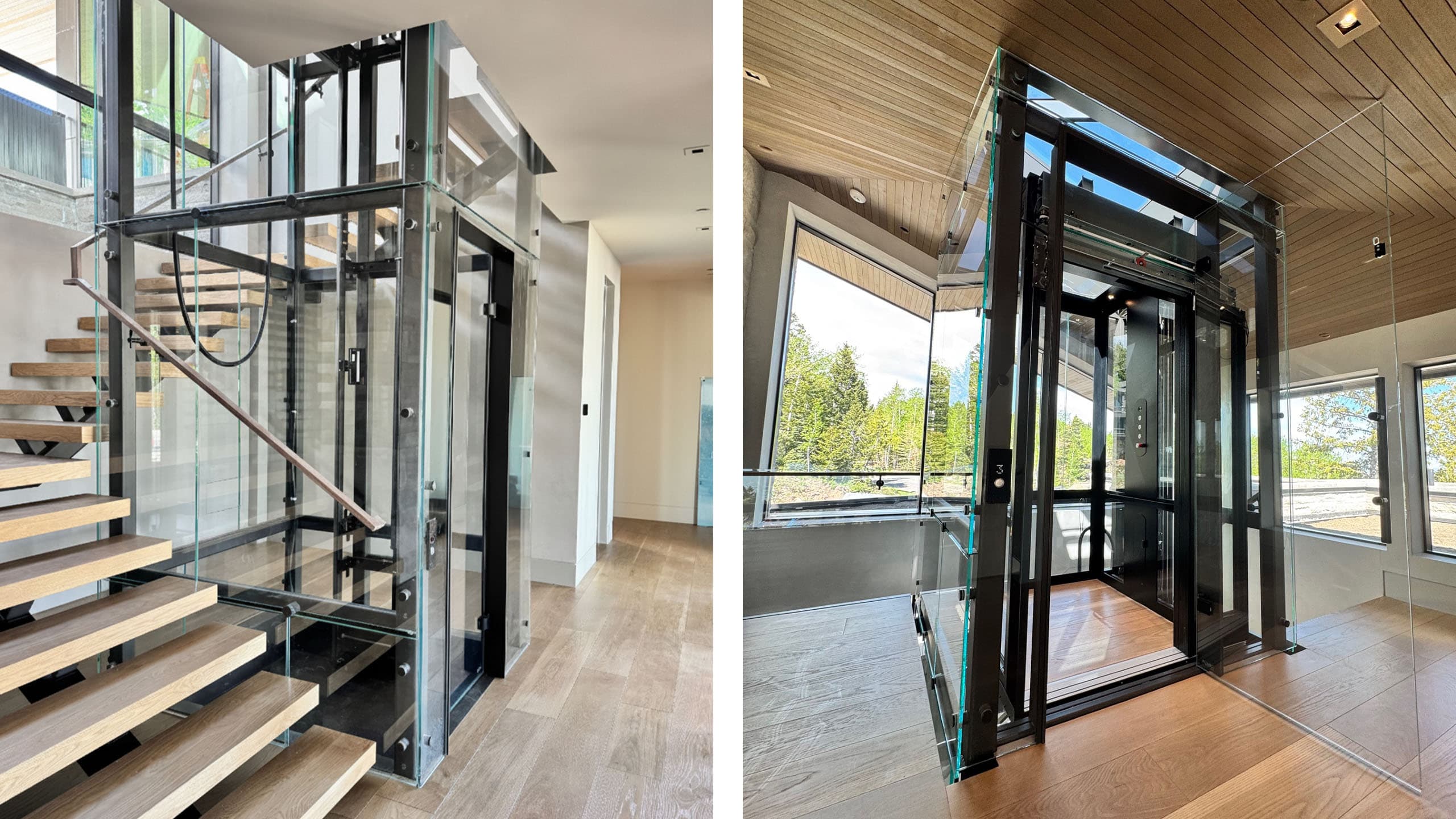 glass home elevator installed in a modern residential interior